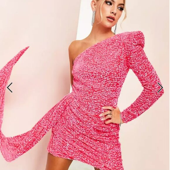 ASOS LUXE One Shoulder Asymmetric Draped Mini Dress Pink Sequin Size 10 NEW - Picture 14 of 16